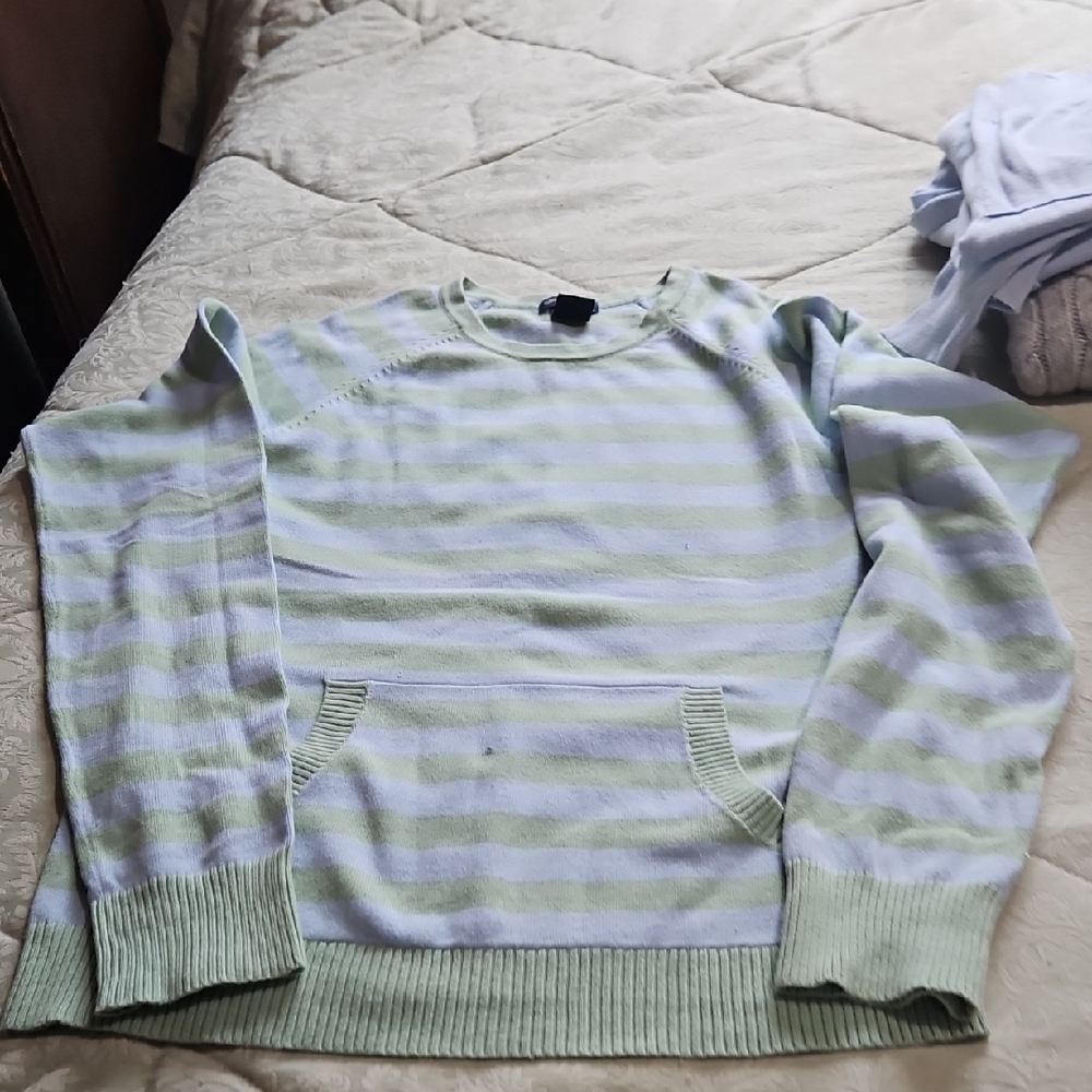 GAP Green and White Crew Neck Sweater with Ribbed Cuffs